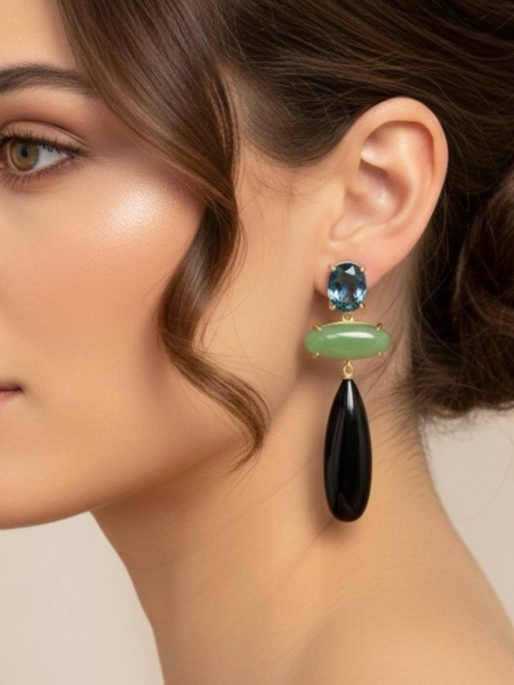 NWT Vintage Style Statement Dangle Stud Earrings Black &amp; Green Onyx Topaz